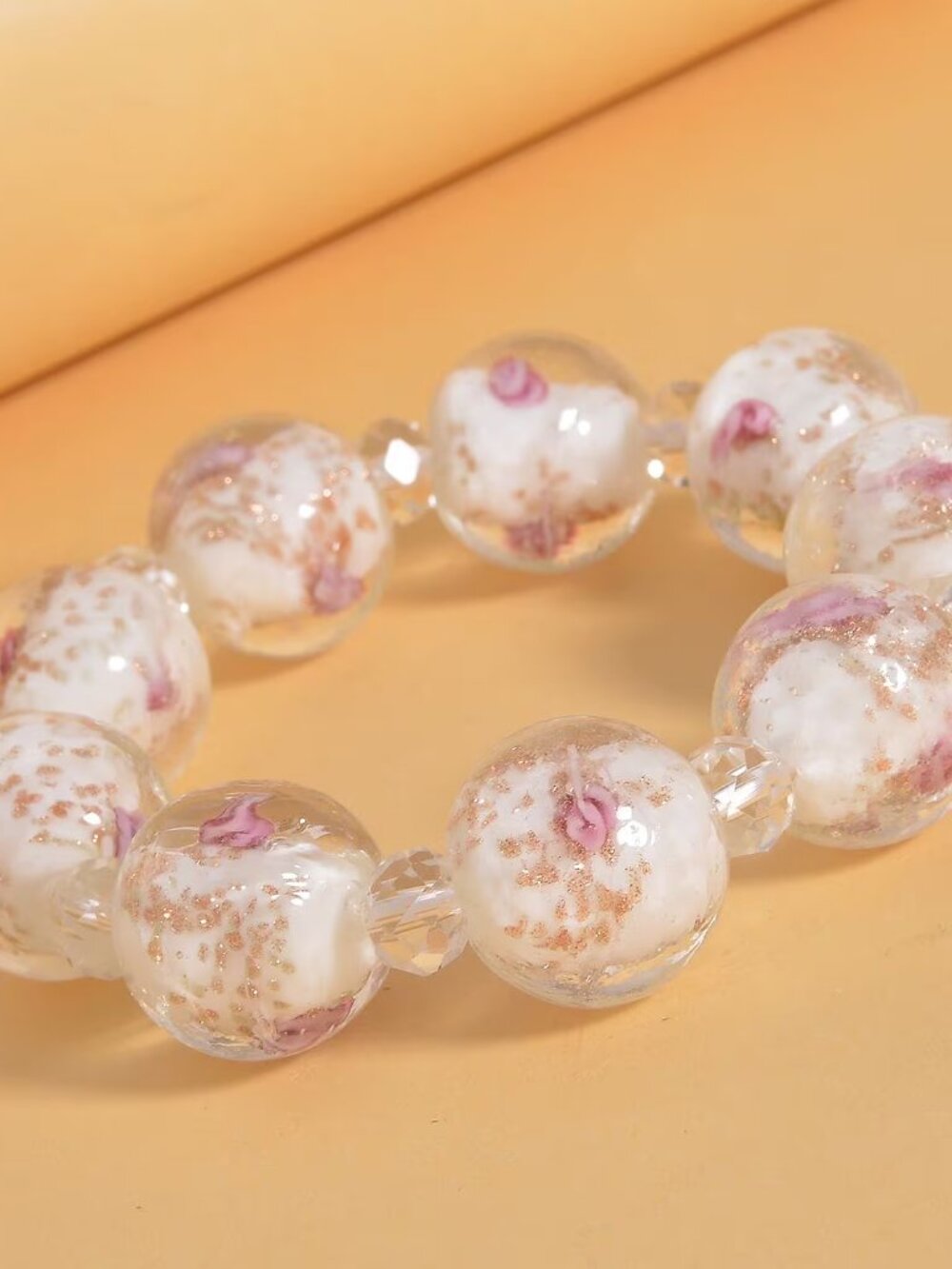White Color Murano Style and White Glass Beaded Stretch Bracelet - NEW